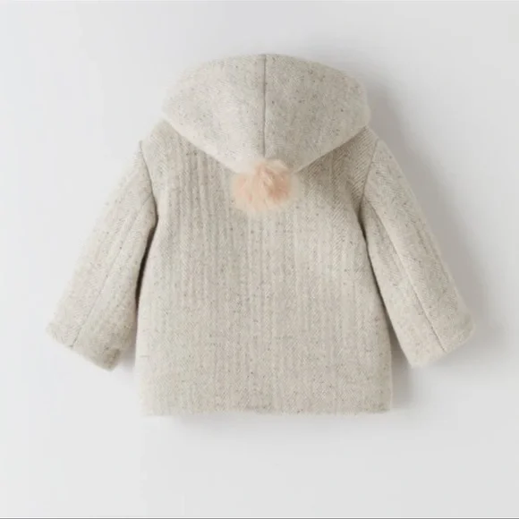 Zara Baby Herringbone Pompom Coat 3-4y NWT